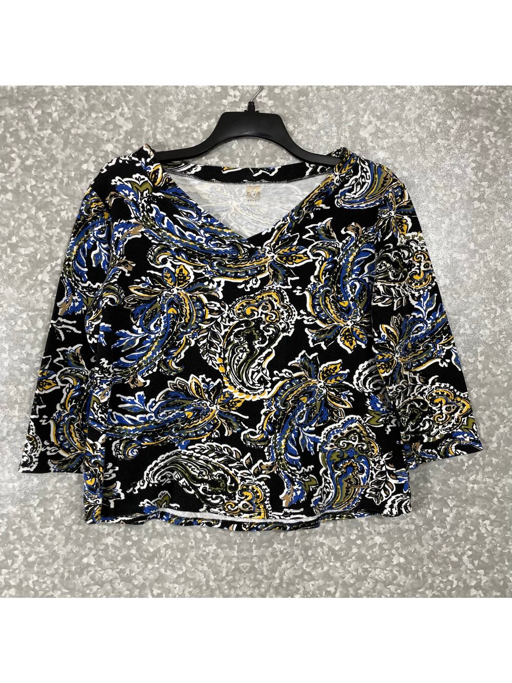 Anne Klein Sport Women's Black Paisley Relaxed Fit Top - Size Large - 3/4 Sleeve